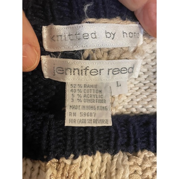 Vintage Sweater Jennifer Reed Hand Knitted Floral Intarsia Navy Blue 90s Large - Picture 3 of 4